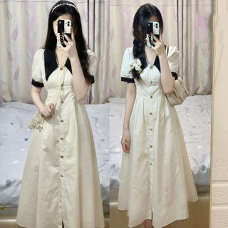 Short-sleeve Two Tone A-line Midi Polo Dress