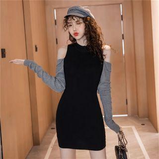 Cold-shoulder Mini Knit Sheath Dress Gray Sleeve - Black - One Size