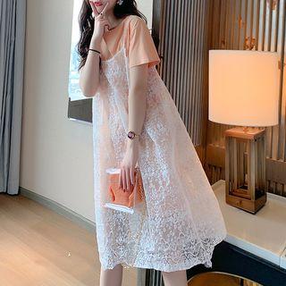Set: Crew-neck Short-sleeve T-shirt Dress + Spaghetti Strap Dress