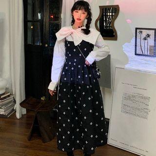 Bow Accent Blouse / Flower Print Midi Overall Dress