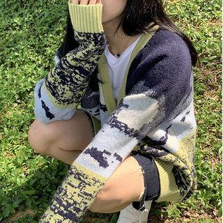 V-neck Printed Color-block Oversize Sweater Green - One Size