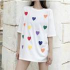 Elbow-sleeve Heart Print Oversized T-shirt