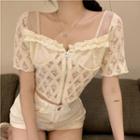 Short-sleeve Lace-panel Zip-up Cropped Top White - One Size