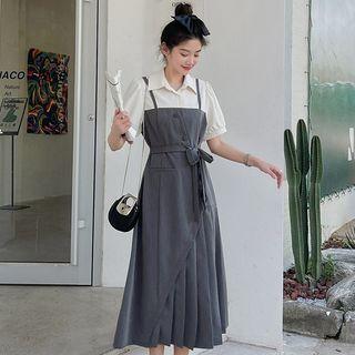 Elbow-sleeve Asymmetrical Pleated Midi A-line Dress