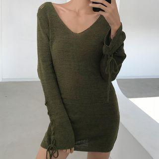 Distressed Long-sleeve Mini Sheath Knit Dress
