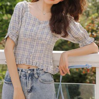 Plaid Ruffle Trim Puff-sleeve Cropped Blouse