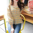 Two-way Laced Plaid Peplum Blouse