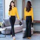 Set: Long-sleeve Cutout Top + Boot-cut Pants