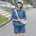 Set: Striped Letter Embroidered Elbow-sleeve Zip Jacket + Shorts