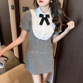 Short-sleeve Ruffle Collar Tweed A-line Dress