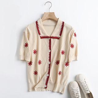 Short-sleeve Collared Floral Embroidered Button-up Knit Top Almond - One Size