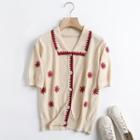 Short-sleeve Collared Floral Embroidered Button-up Knit Top Almond - One Size