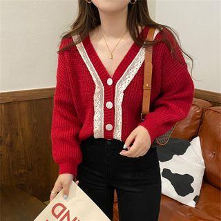 V-neck Lace Trim Knit Cardigan