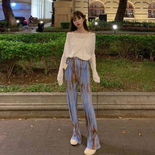 Long-sleeve Off-shoulder Plain Cover-up / High-waist Tie Dye Pants