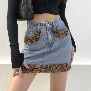 Leopard Print Furry Trim A-line Denim Skirt