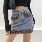 Leopard Print Furry Trim A-line Denim Skirt