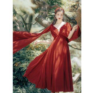 Set: Lace Trim V-neck Slit Midi A-line Dress + Headscarf