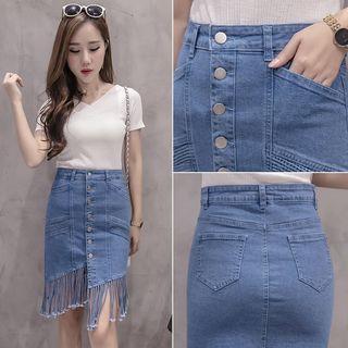 Buttoned Fringe Denim Skirt