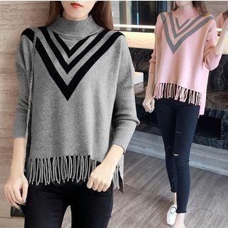 Mock-neck Fringed Sweater