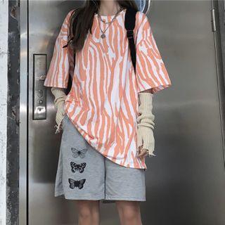 Elbow-sleeve Pattern Print T-shirt Tangerine - One Size