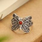 Butterfly Faux Gemstone Sterling Silver Open Ring 1pc - Silver & Red - One Size
