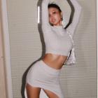 Long-sleeve Mock-neck Plaid Crop Top / Slit Fitted Skirt
