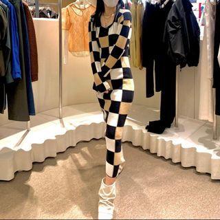Long-sleeve Round-neck Chessboard Plaid Cut-out Knit Dress