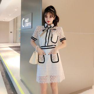 Set: Short-sleeve Contrast-trim Lace Shirt + Mini A-line Skirt