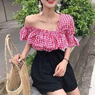Off-shoulder Checked Ruffle Top