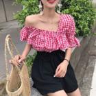 Off-shoulder Checked Ruffle Top