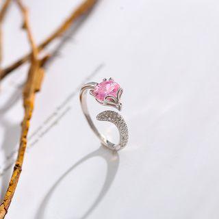 925 Sterling Silver Rhinestone Fox Open Ring Fox Ring - Faux Crystal - Pink - One Size