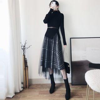 Set: Mock-turtleneck Melange Sweater + Plaid Midi A-line Mesh Skirt
