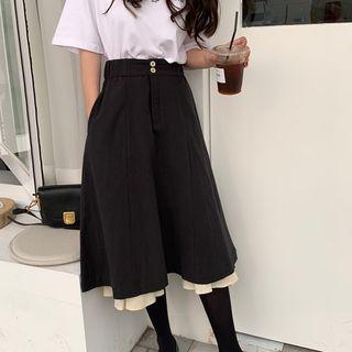 Elbow-sleeve Lettering T-shirt / Paneled Midi A-line Skirt