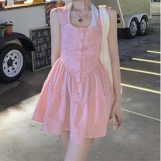 Set: Halter-neck Tank Top + Wide Strap A-line Dress