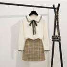 Long-sleeve Lace Trim Shirt / Plaid A-line Mini Skirt / Set