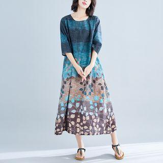 Elbow-sleeve Printed Midi Dress As Shown In Figure - One Size