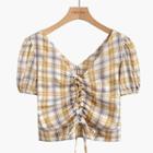 Short-sleeve Plaid Top Yellow - One Size