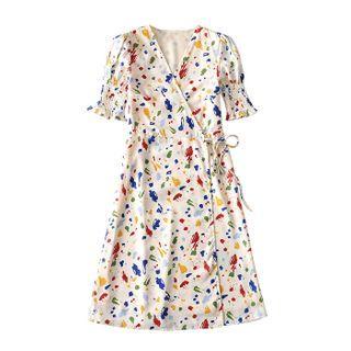 Printed Short-sleeve Midi A-line Wrap Dress