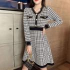 Long-sleeve Plaid Knit A-line Dress As Shown In Figure - One Size