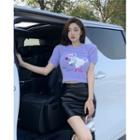 Short-sleeve Cat Knit Top Purple - One Size