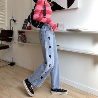 Heart Embroidered High-waist Wide-leg Jeans