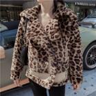 Leopard Print Double-breasted Fluffy Jacket Leopard - Khaki & Brown - One Size