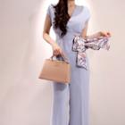 Cap-sleeve Wide Leg Jumpsuit With Printed Sash