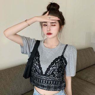 Mock Two-piece Short-sleeve Lace Crop Top