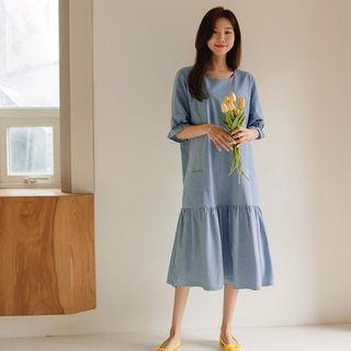 Round-neck Shirred Long Denim Dress