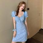Short-sleeve Floral Print Mini Dress Light Blue - One Size