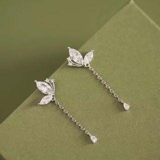 925 Sterling Silver Rhinestone Butterfly Dangle Earrings 1 Pair - Silver - One Size