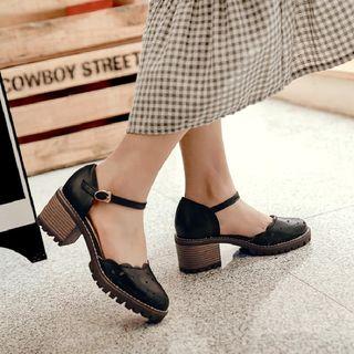 Ankle Strap Perforated Block Heel Pumps