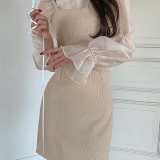 Puff-sleeve Blouse / Spaghetti Strap Mini Sheath Dress