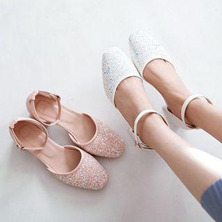 Sequined Block Heel Ankle Strap Sandals